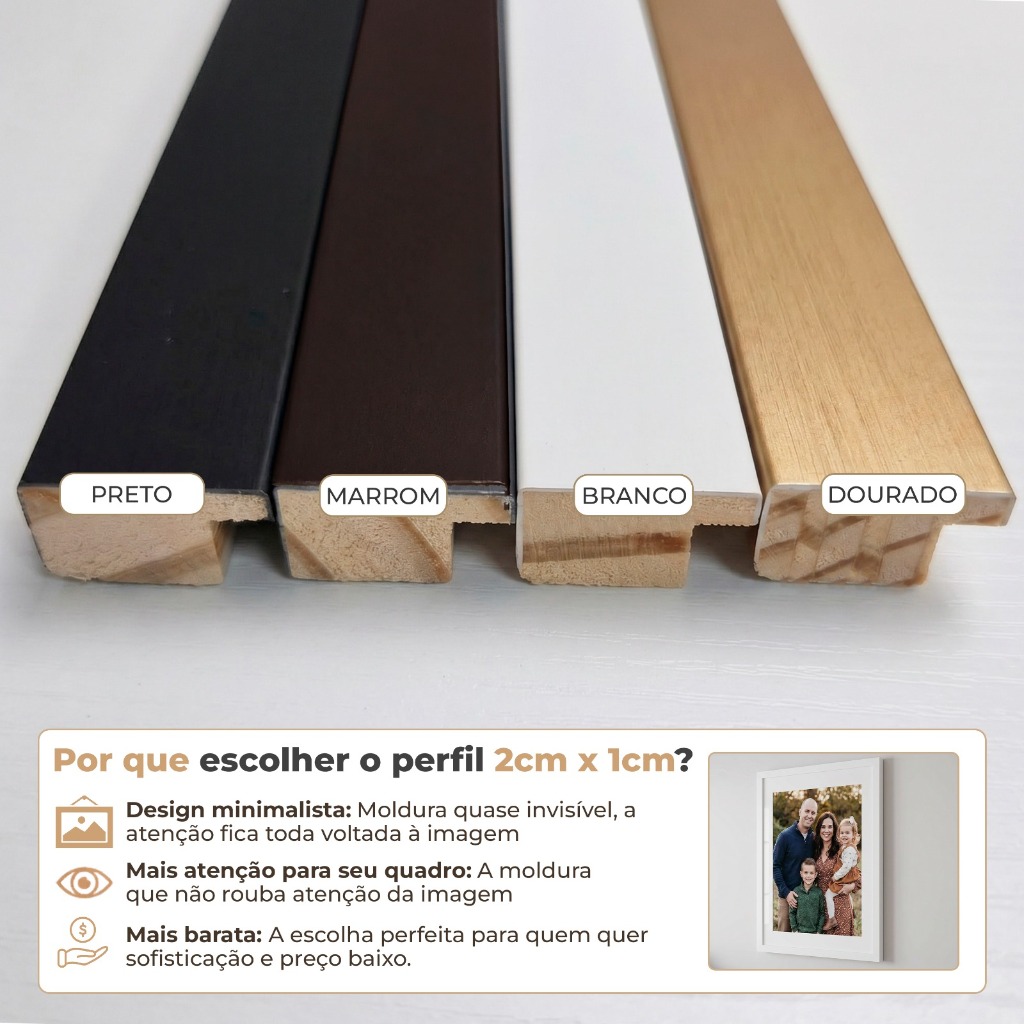 Perfil de moldura 2 por 1 centímetros nas cores preto, marrom, branco e dourado