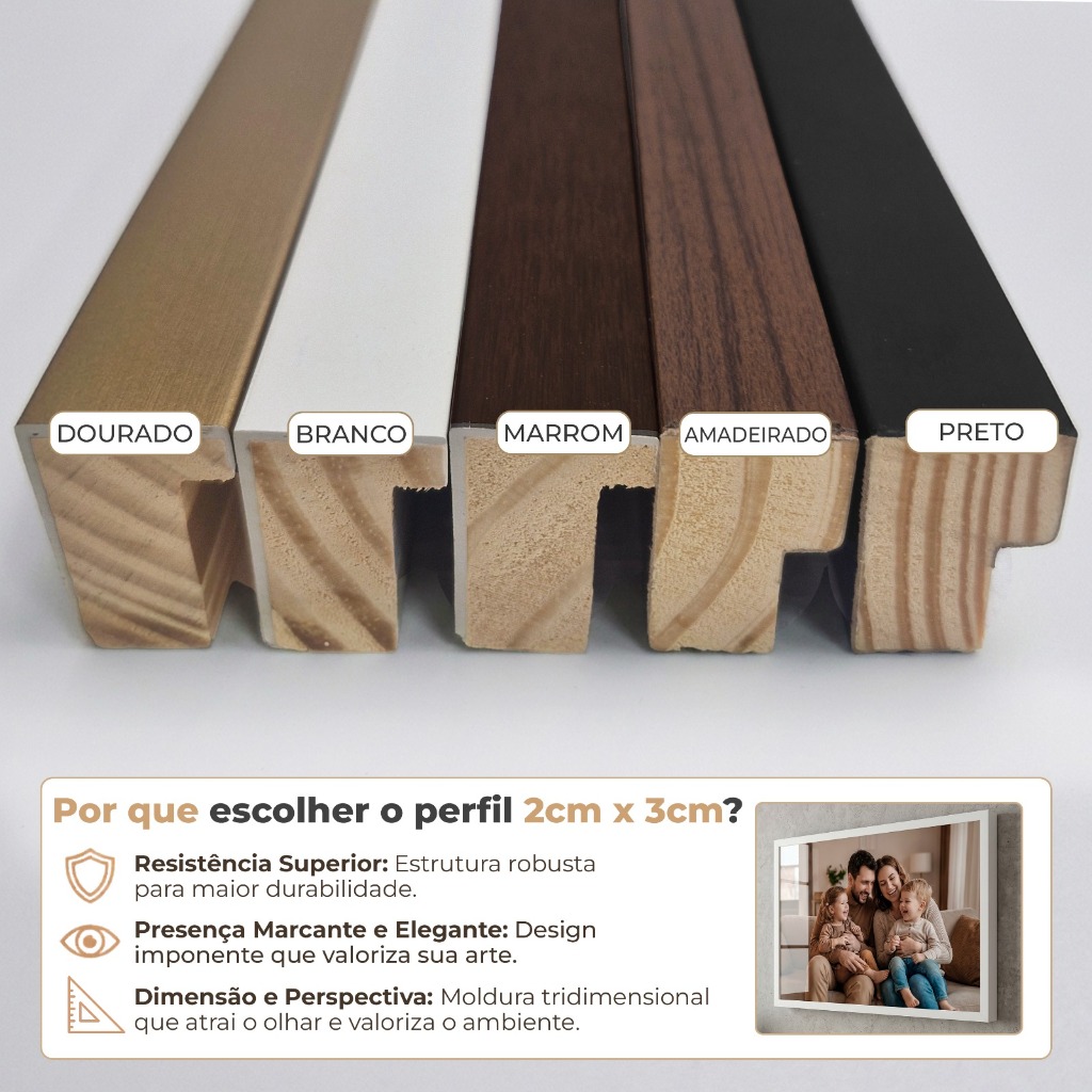Perfil de moldura 2 por 3 centímetros nas cores dourado, branco, marrom, amadeirado e preto